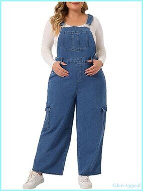 Plus Size Denim Bib Overall Baggy Wide Leg Adjustable Stretch Jumpsuit
